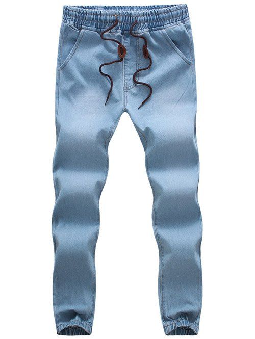 Casual Drawstring ceinture élastique bas ample Jeans pour les hommes - Bleu clair 3XL