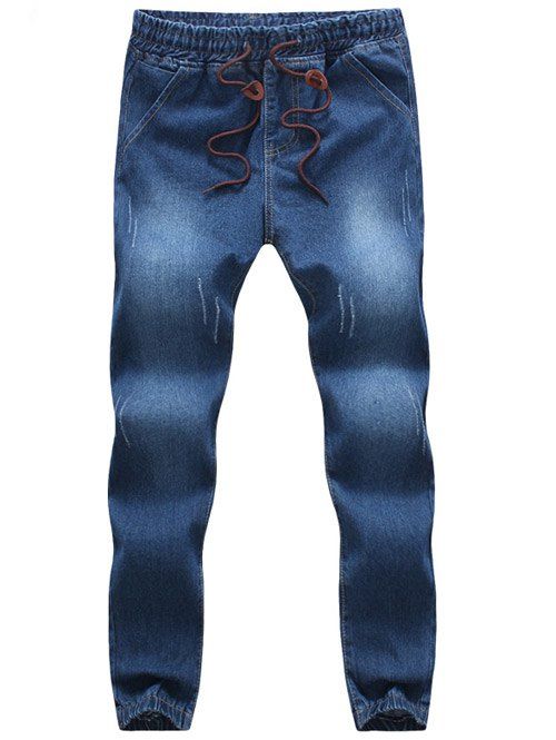 Casual Drawstring ceinture élastique bas ample Jeans pour les hommes - Moyen Bleu 2XL