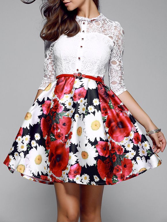Lace Splicing Floral Print Dress - Blanc XL