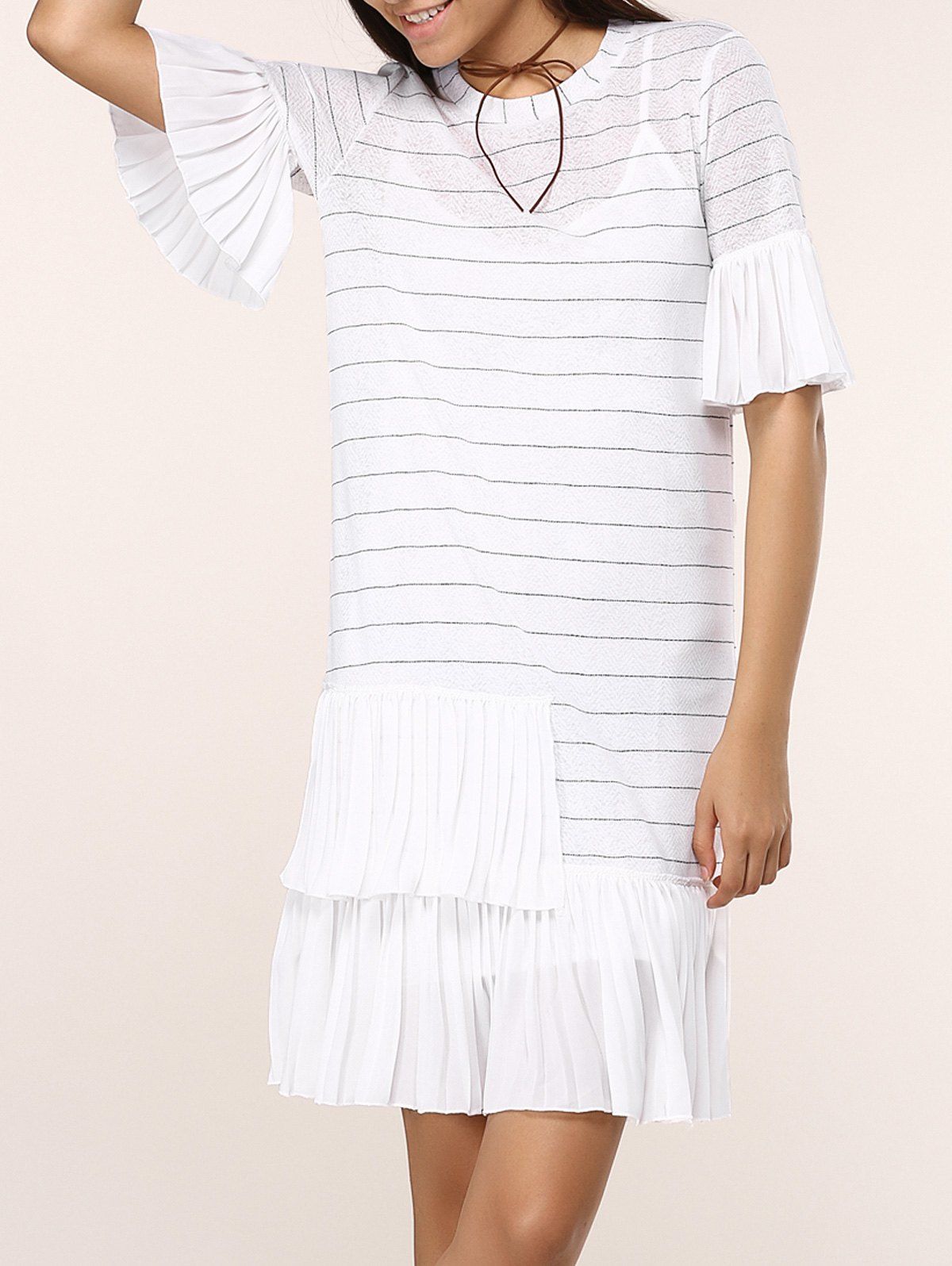 

Striped Knitted Flare SLeeve Ruffled Dress Twinset, White