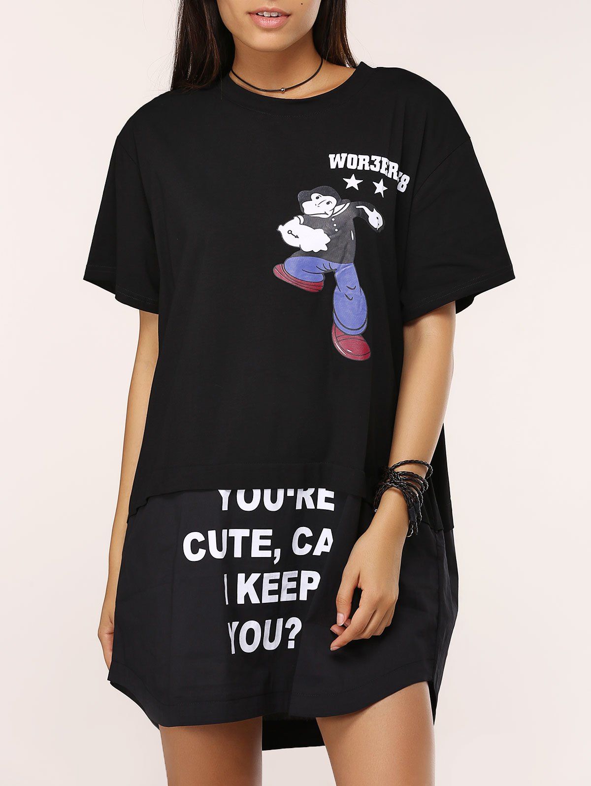 

Letter Print Cartoon Patterned Short Sleeve Dress, Black