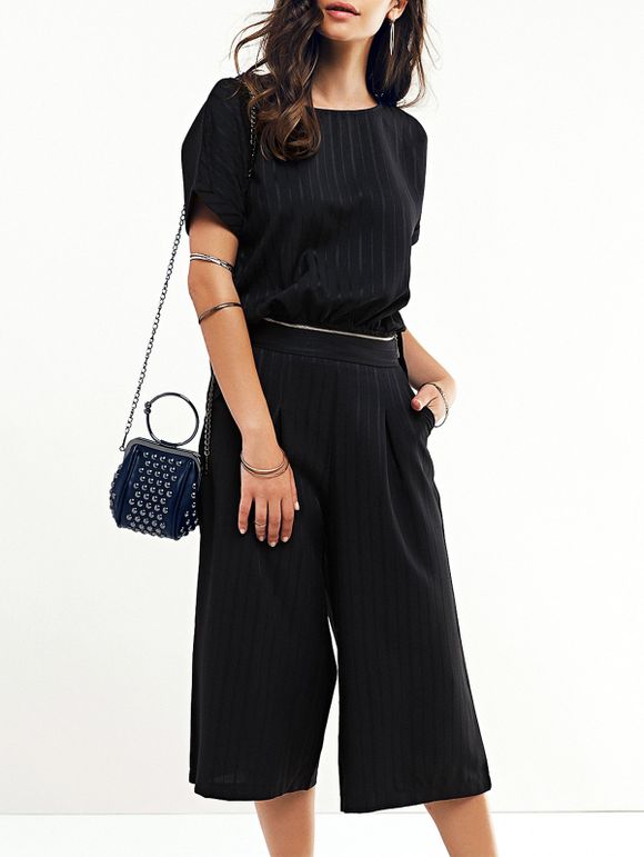 Mode Jewel Neck Striped Top et Capri Pantalons pour femmes - Noir M