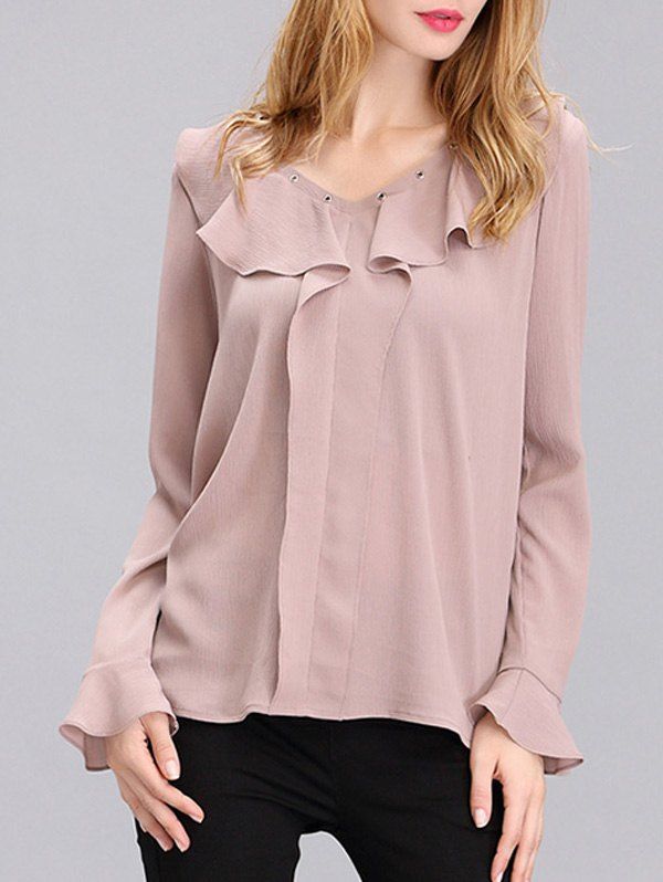 

Sweet Flare Sleeve Front Frilled Chiffon Blouse For Women, Light coffee