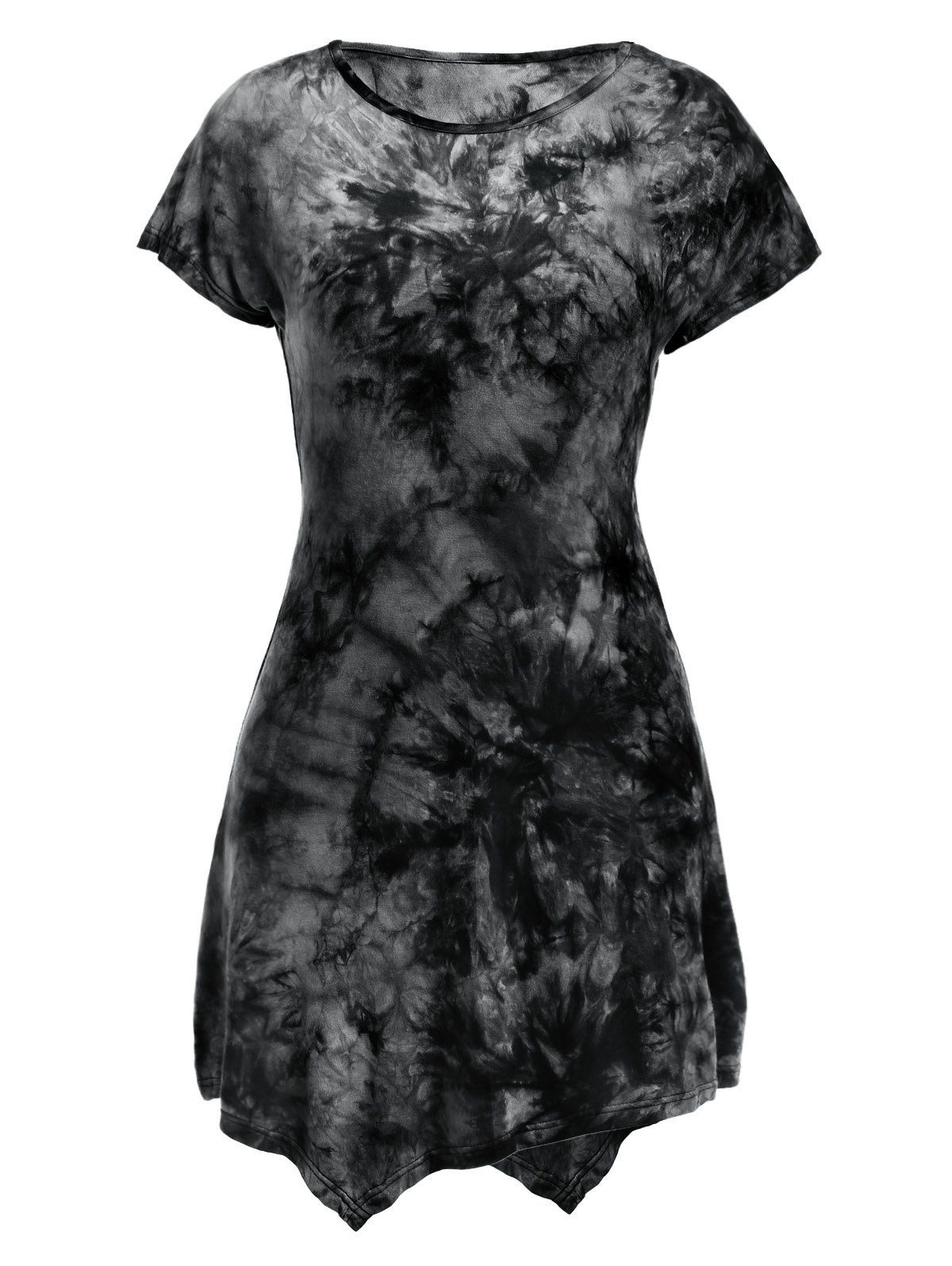 

Round Neck Short Sleeve Tie-Dyed Asymmetric Dress, Black