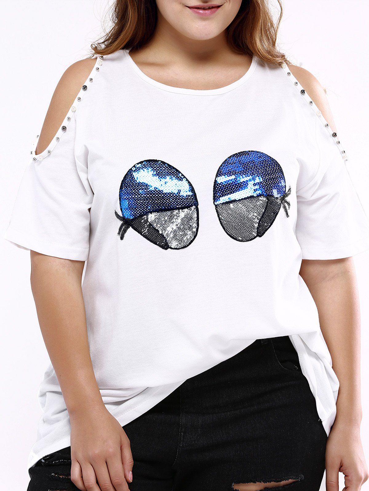 

Oversized Casual Cold Shoulder Sequined Blouse, White