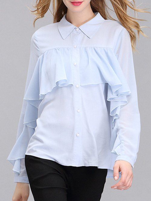 Trendy Shirt col avant jabot en mousseline de soie shirt pour les femmes - Bleu clair S