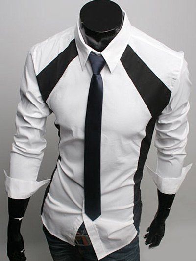 Color Block Spliced ​​Slimming col rabattu manches longues hommes  's Shirt - Blanc 2XL