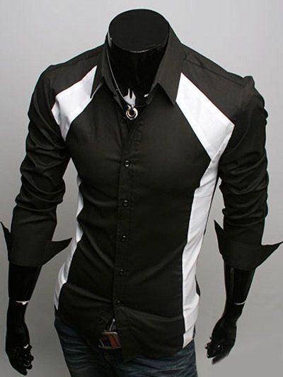 Color Block Spliced ​​Slimming col rabattu manches longues hommes  's Shirt - Noir XL