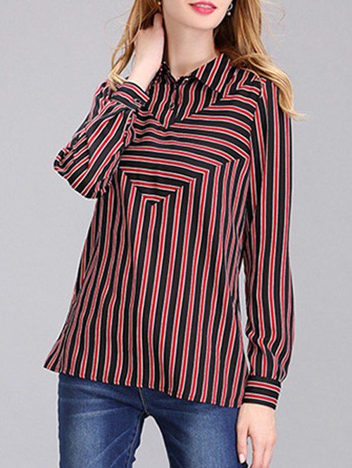 

OL Shirt Collar Striped Chiffon Shirt For Women, Red with black