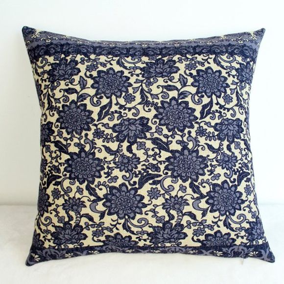 Élégant Motif Florals Feuille Case Cotton Linen Pillow - Bleu 