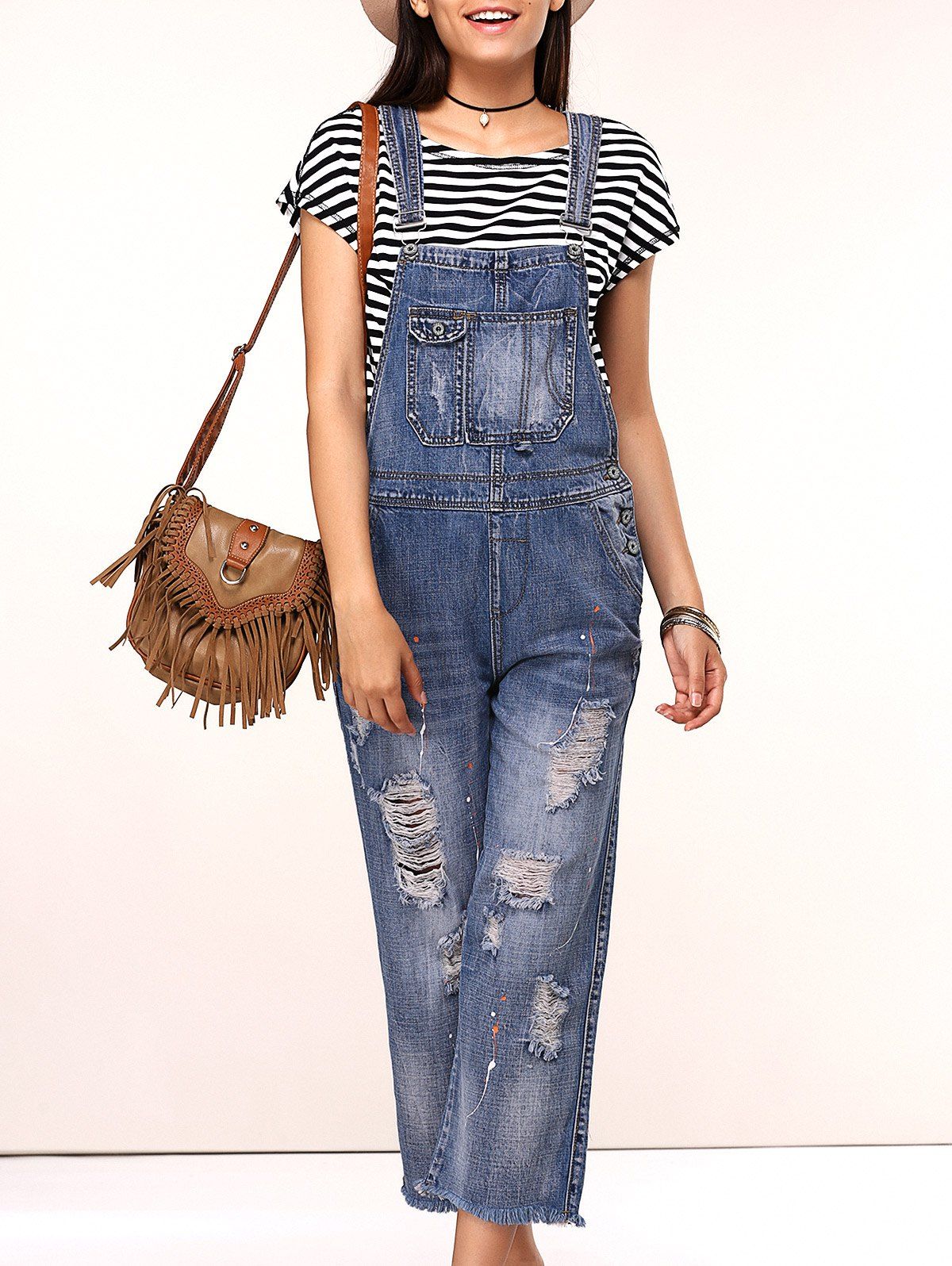 [17 OFF] 2021 Casual Ripped Wide Leg Overalls In BLUE DressLily