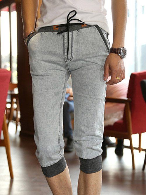 

Drawstring Panel Design Men's Capri Jeans, Gray