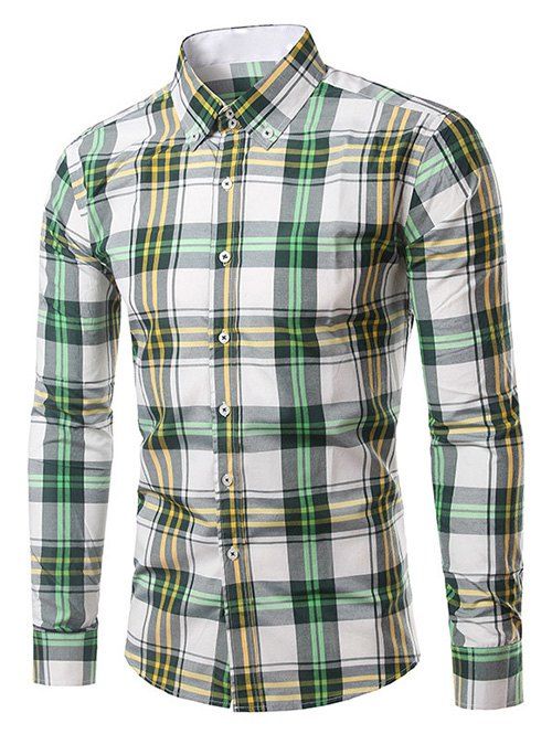 Classique col rabattu manches longues jaune et vert Chemise à carreaux pour les hommes - Jaune et Vert 4XL