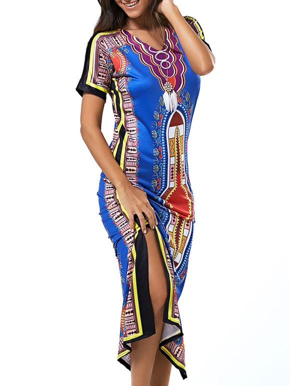 Ethic Colorful imprimé tribal Slit Maxi Dress - Bleu Saphir L
