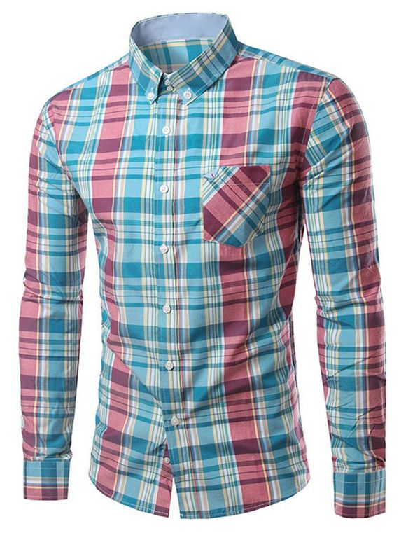 Chic Plié Pocket manches longues Tartan shirt pour hommes - Bleu et Rouge 3XL
