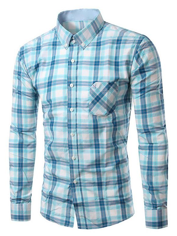 Chic Plié Pocket manches longues Bleu clair Tartan shirt pour hommes - Bleu clair 3XL