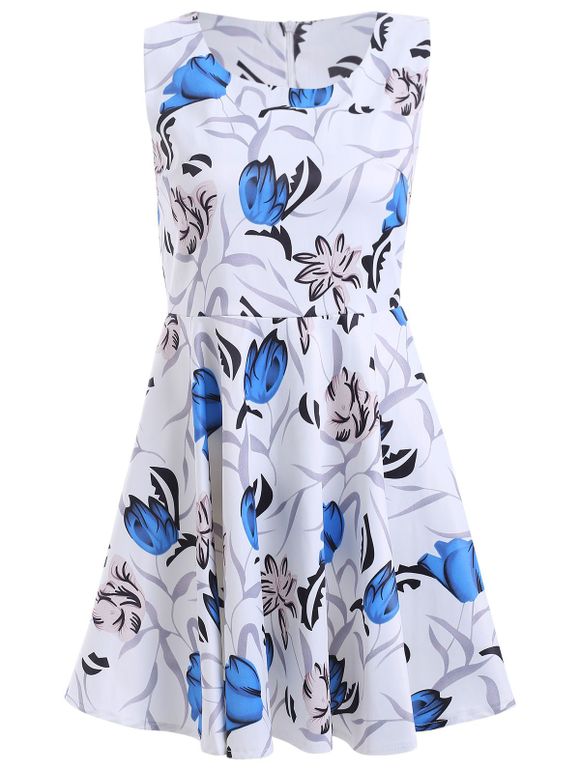 Sweet High Waist Floral Print Dress - Bleu XL