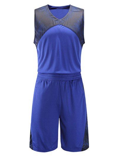 Printed Spliced V-Neck Sleeveless Sport Suit ( Tank Top + Shorts ) - Bleu 4XL