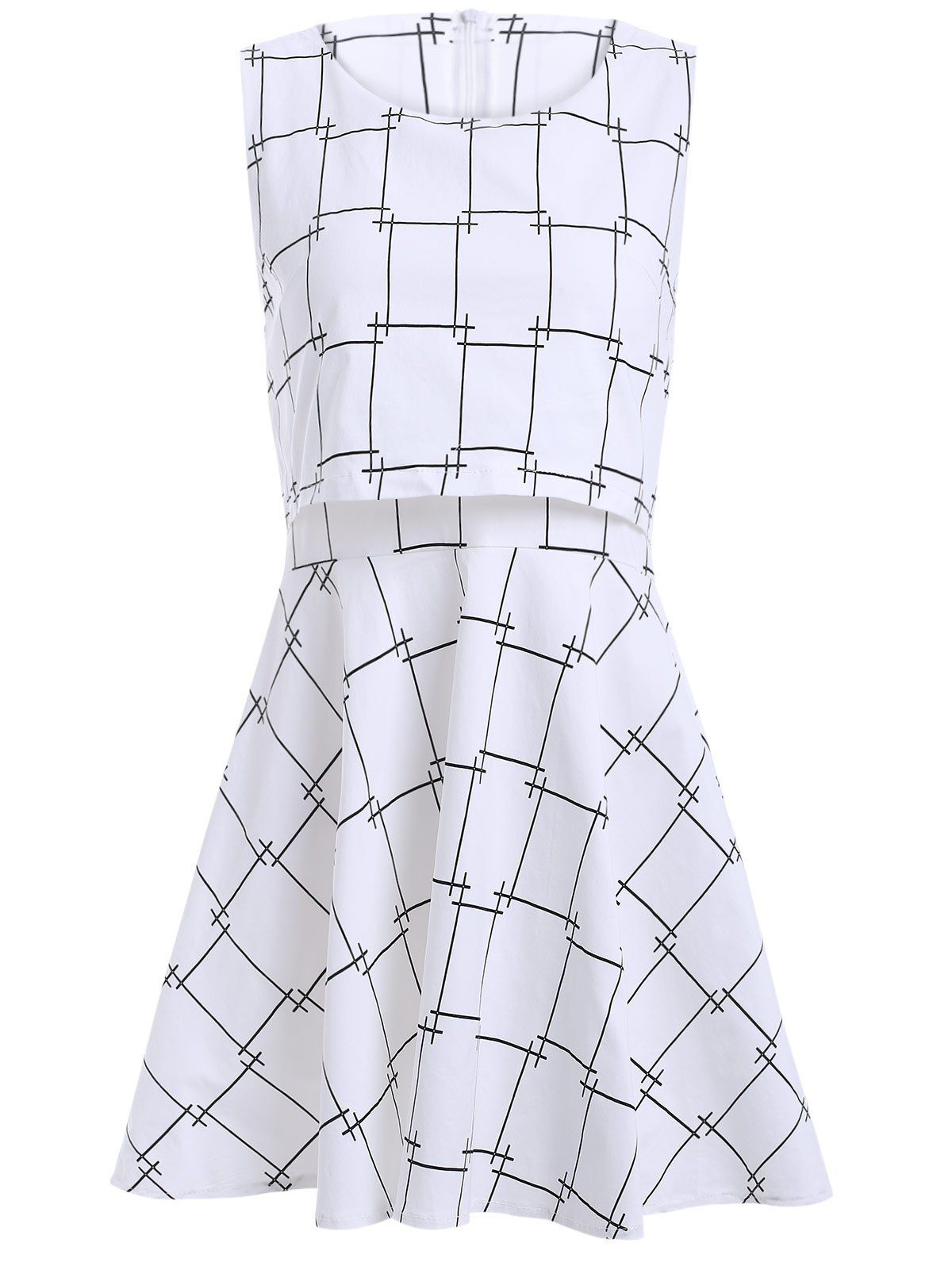 

False Two Pieces Plaid Pattern Mini Dress, White