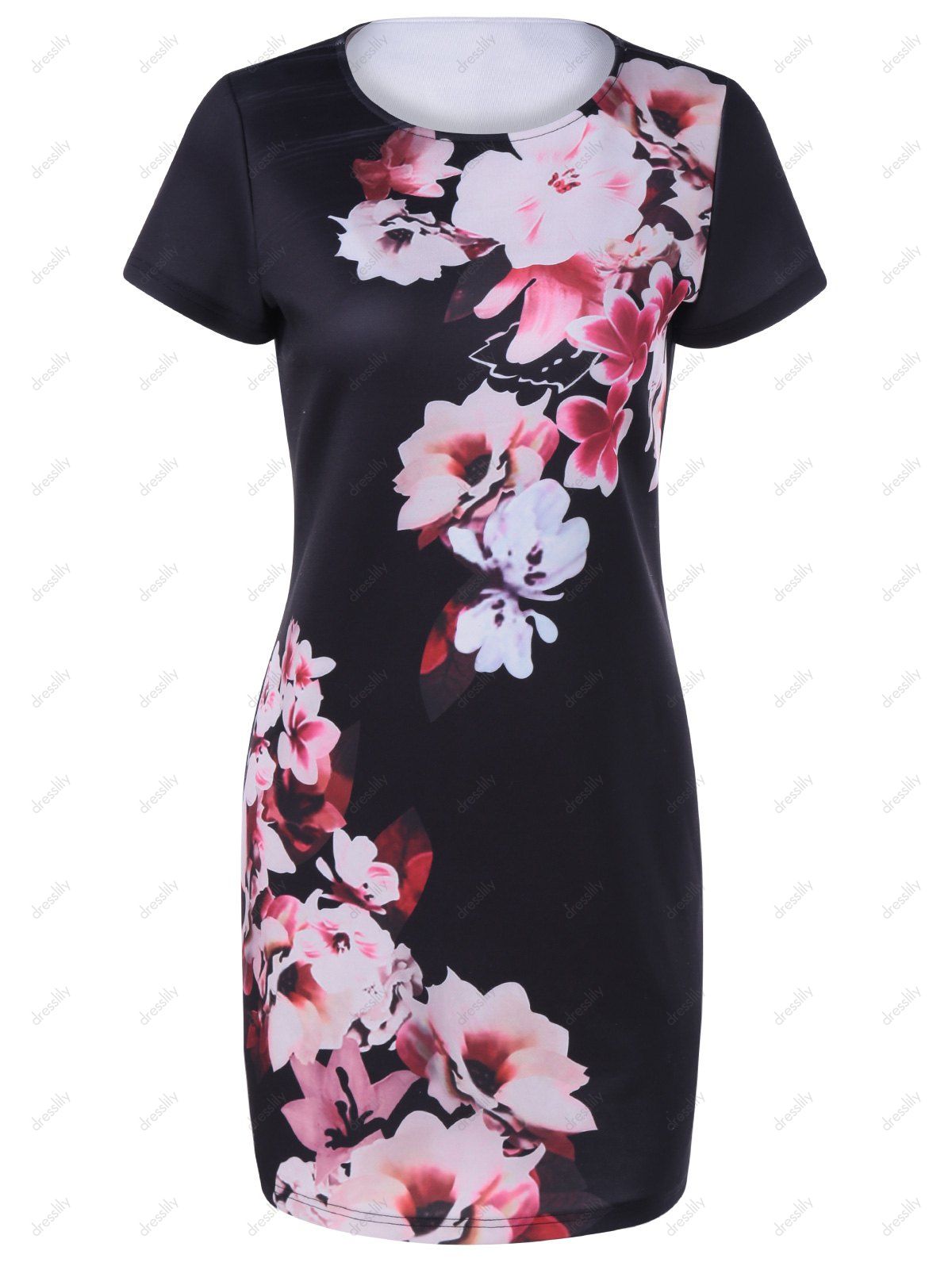 

Fashionable Women's Round Collar Short Sleeves Printing Dress, Black