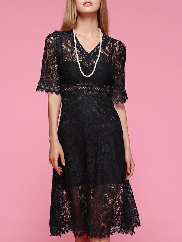 Women's Fashionable Crochet-Trim See-Through Lace Dress - Noir L