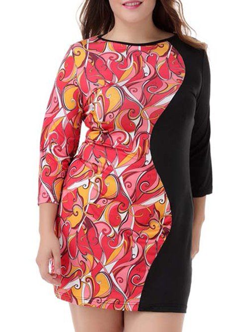 

Plus Size Print Trim Color Block Dress, Colormix