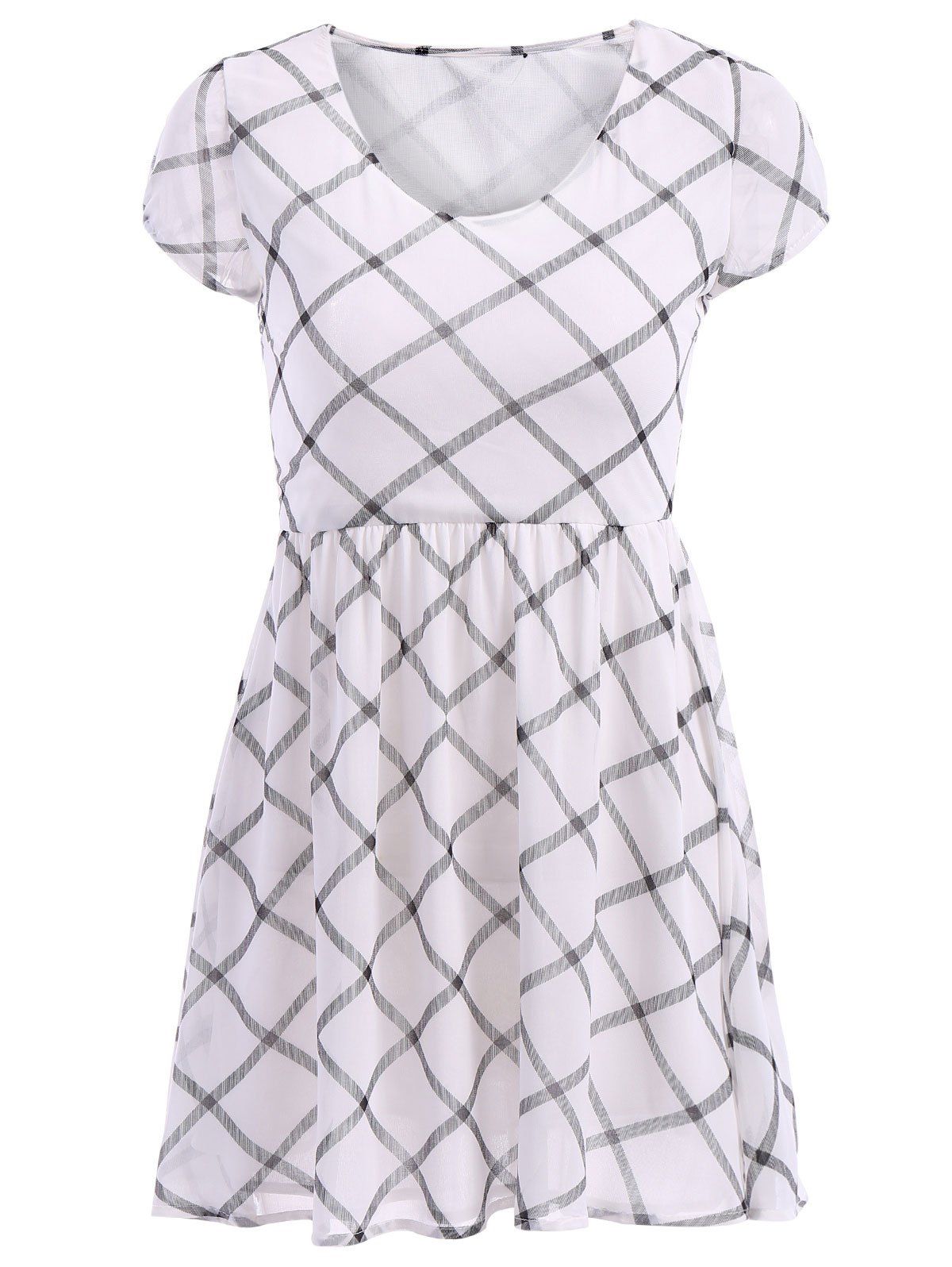 Brief Plaid V-Neck Short Sleeve Chiffon Dress For Women 