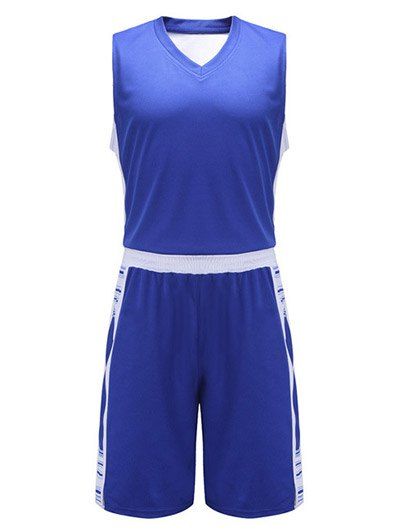 Color Block Spliced V-Neck Sleeveless Sport Suit ( Tank Top + Shorts ) - Bleu Saphir 5XL