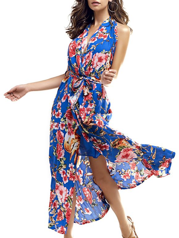 Halter Floral Print Wrap Dress - Bleu M