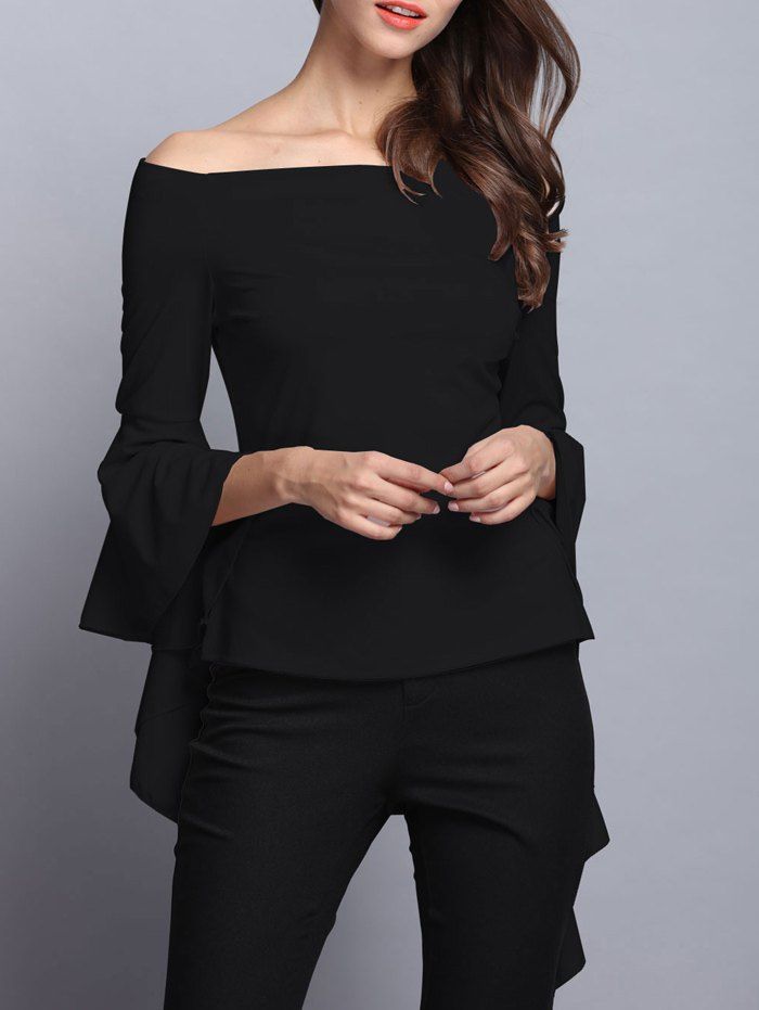 

Stylish Off-The-Shoulder Trumpet Sleeve Blouse For Women, Black