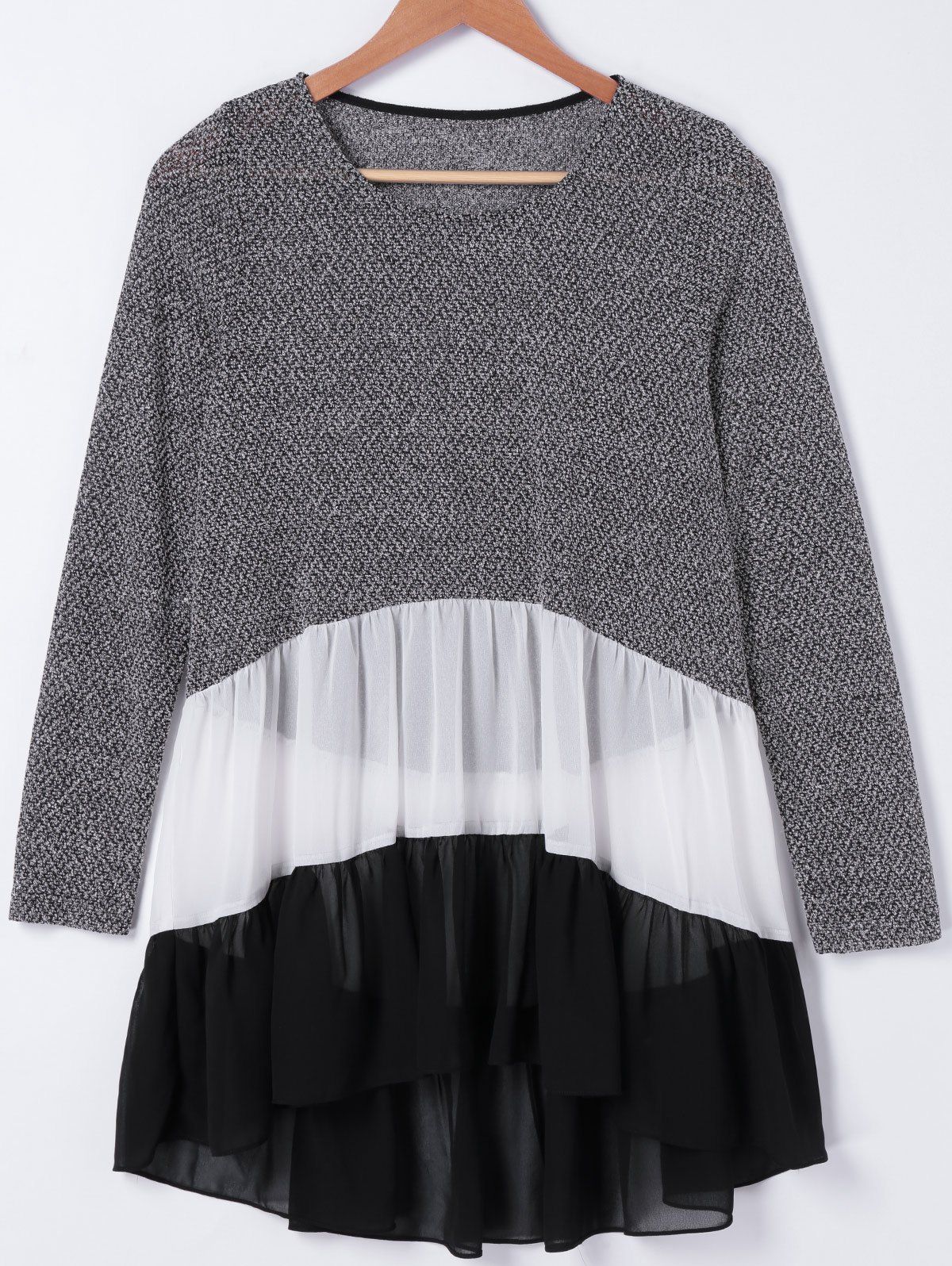 

Casual Round Neck Color Block Chiffon Splicing Flounce Long Sleeves T-Shirt For Women, Deep gray