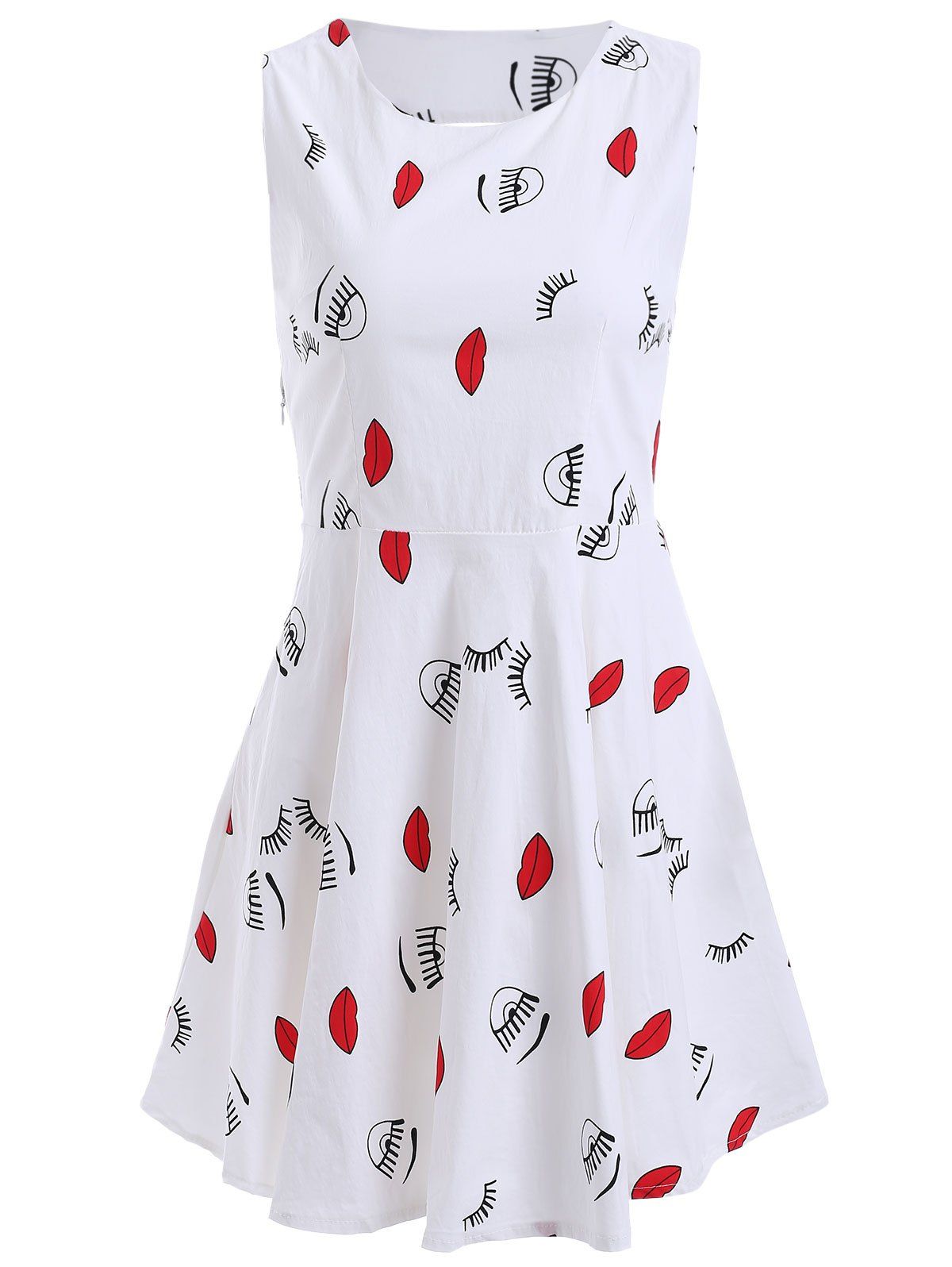 

Cute Mouth and Eyes Pattern Dress, White