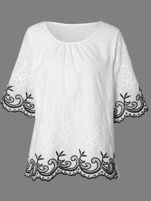 Jewel Neck 3/4 Sleeve Embroidery Blouse - Blanc ONE SIZE