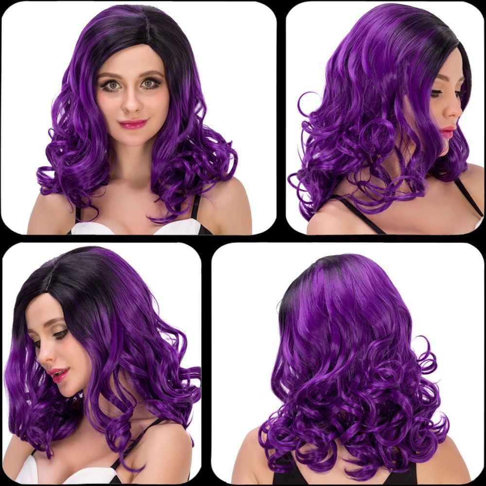 

Charming Women's Medium Wavy Side Parting Black Mixed Purple Cosplay Lolita Synthetic Wig, Colormix