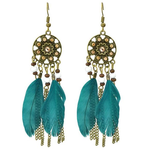 Paire de style rétro Médaillon Feathers Chain Tassel Boucles d'oreilles - Turquoise 
