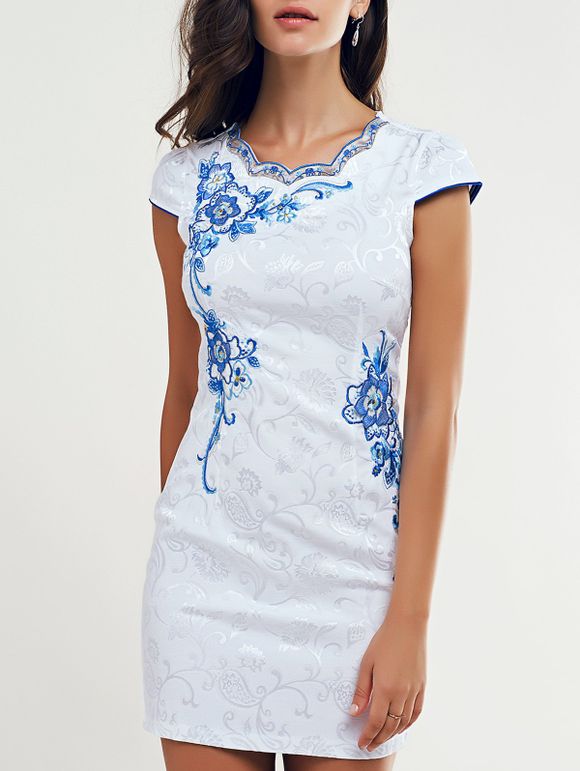 Retro Wavy Cut Jacquard Floral Dress For Women - Blanc XL