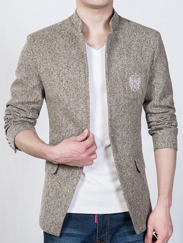 

Trendy Stand Collar Slim Fit Totem Print Textured Blazer For Men, Flaxen
