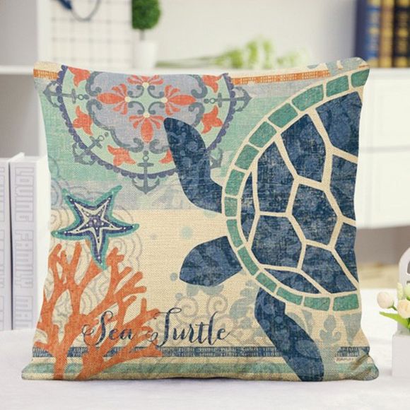 Cute Ocean Turtle Starfish Pattern Pillow Case - Bleu et Orange 