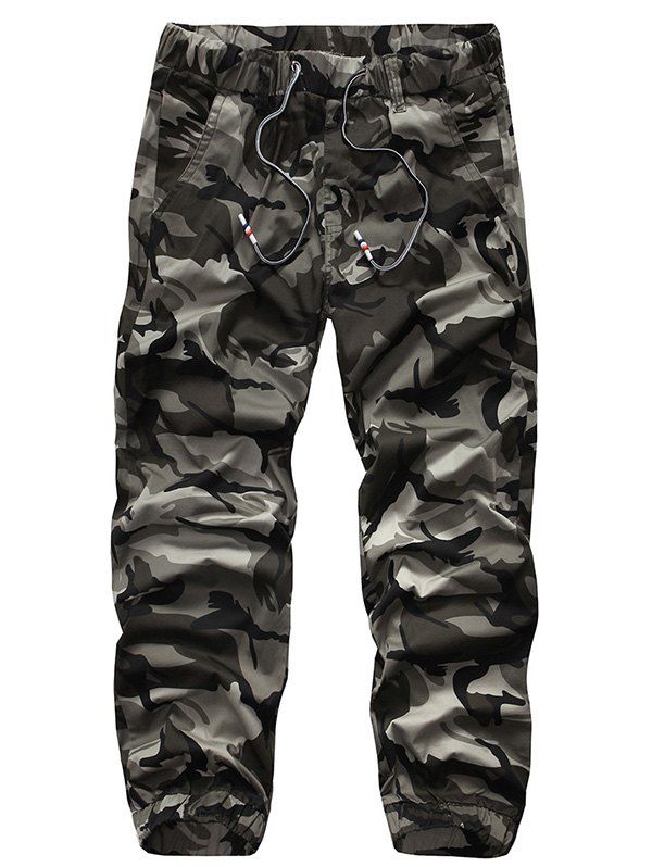 

Military Style Beam Feet Camo Print Loose Fit Men's Lace-Up Cargo Pants, White and black