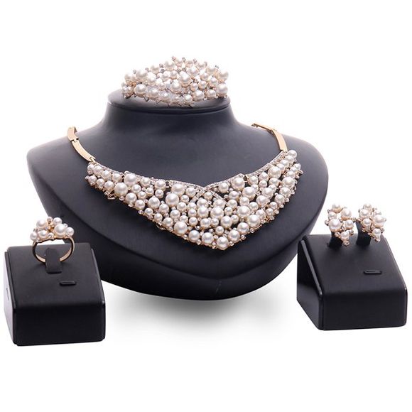 Un costume de Vintage strass Faux collier de perles Bracelet Bague et boucles d'oreilles pour les femmes - d'or 