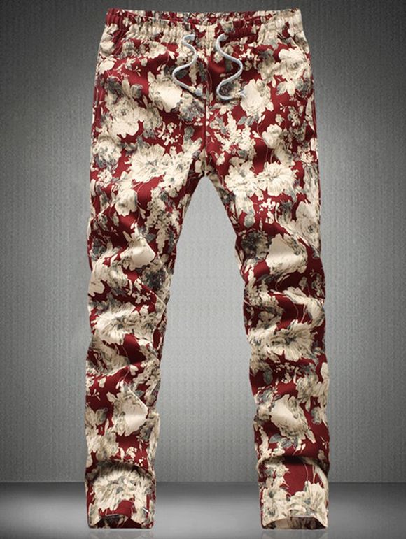 Élégant imprimé floral taille coulissée Pantalons simple pour les hommes - Rouge 3XL