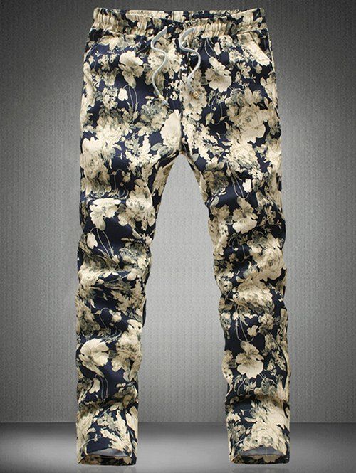 Élégant imprimé floral taille coulissée Pantalons simple pour les hommes - Bleu profond 4XL