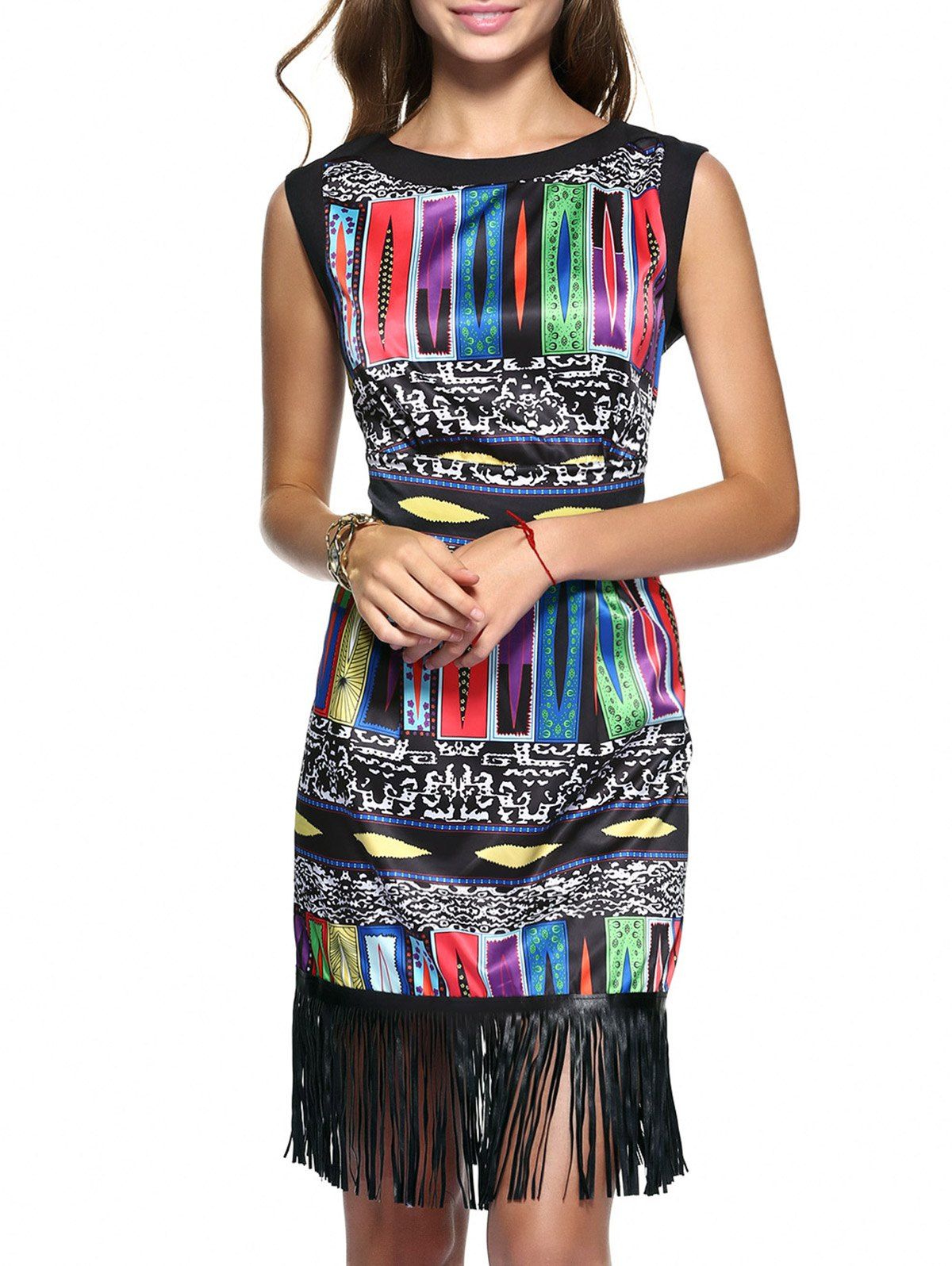 

Ethnic Geometric Fringed Dress, Black