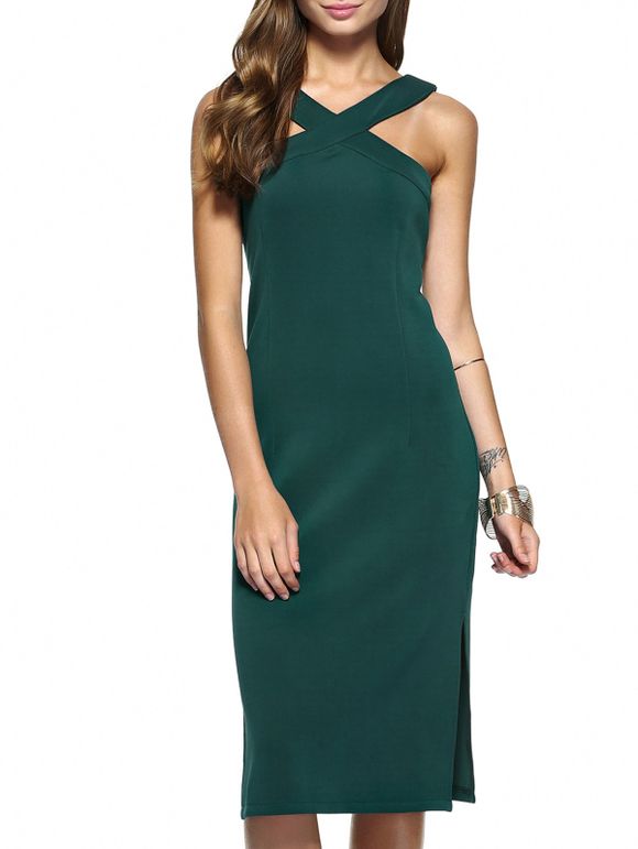 V-Neck Slit Midi robe de femmes élégantes - vert foncé L