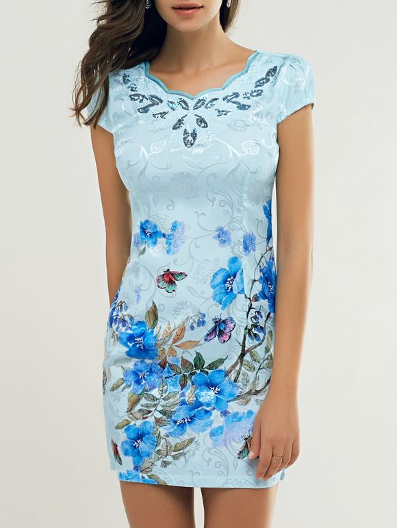 Cheong-Sam Wave Cut Floral Dress - Bleu clair 2XL