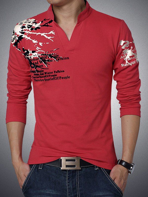 

Stylish Letter Printed Stand Collar Long Sleeve Tee For Men, Red