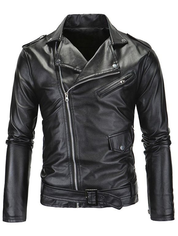 Mode collier Turn-Down Zip-Up manches longues hommes d  'PU-Leather Jacket - Noir 2XL