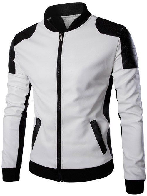 Color Block cuir PU Zippered stand de Collar Men  Jacket - Blanc 3XL