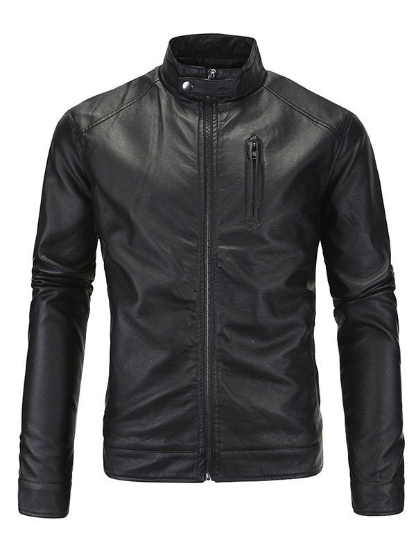 

Zip-Up Fashionable Stand Collar Long Sleeve Men's PU-Leather Jacket, Black