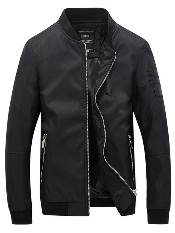 Long Sleeve Rib Splicing pied de col PU-cuir Applique Men  's Jacket - Noir XL